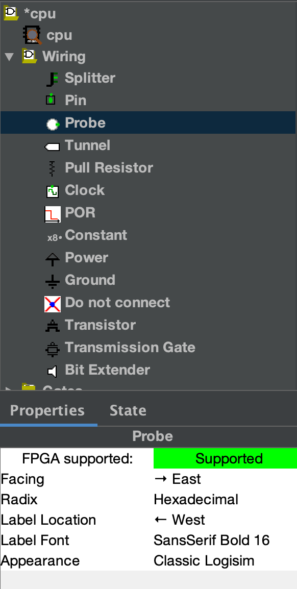 Screenshot of the location of the probe component in Logisim, within the Wiring section